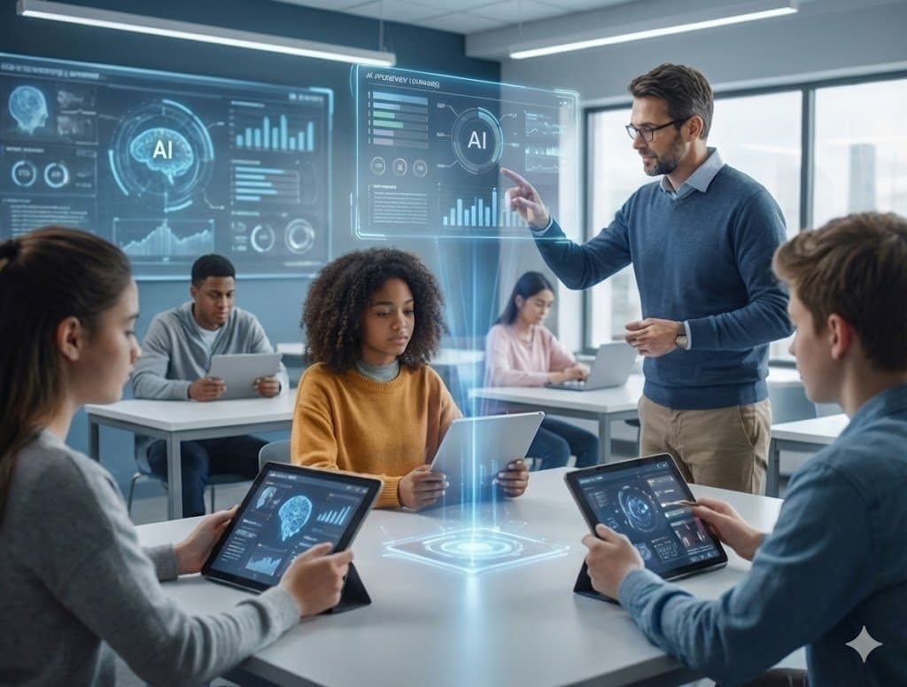 AI-powered classroom with students using tablets and interactive holographic displays